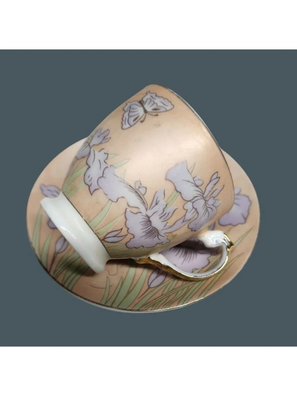 Demitasse Cups & Saucers Espresso Pink Purple Irises Butterflies 4 Sets